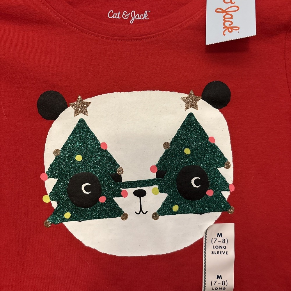 New Cat & Jack Girls long sleeve Christmas shirt size M (7/8) Panda Tree Glasses - Picture 2 of 2
